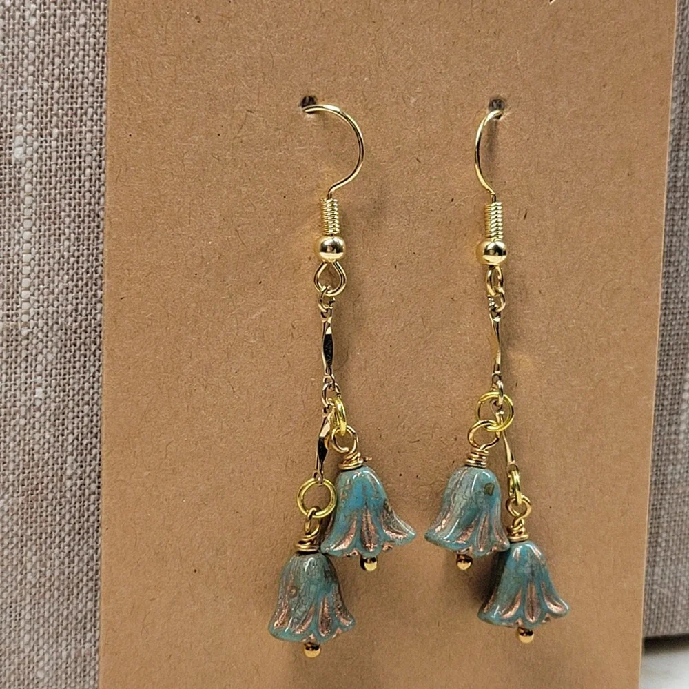 Blue Lily Flower Dangle Drop Earrings Handmade Beaded Whimsical Fairy Boho NEW